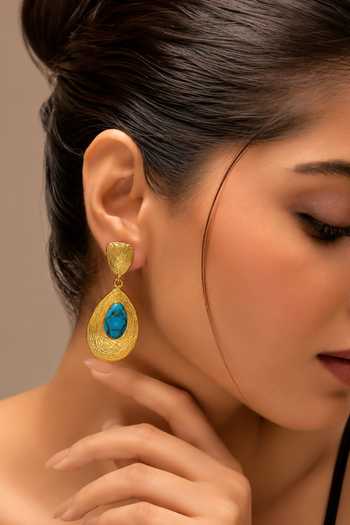 Buy Arvino Gold Plated Turquoise Textured Drop Earrings Online at Aza Fashions Buy_Arvino_Gold Plated Turquoise Textured Drop Earrings _Online_at_Aza_Fashions