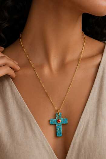 Arvino Faith Cross Turquoise & Coral Necklace 