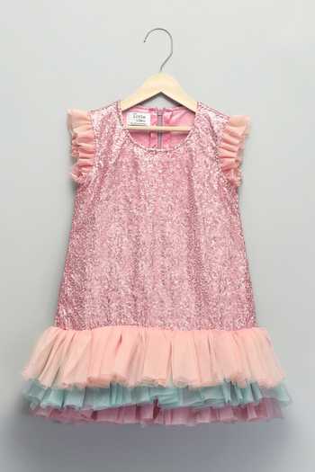 Shop The Little Tales Pink Cotton Sequin Embroidered Dress Online at Aza Fashions Shop_The Little Tales_Pink Cotton Sequin Embroidered Dress _Online_at_Aza_Fashions
