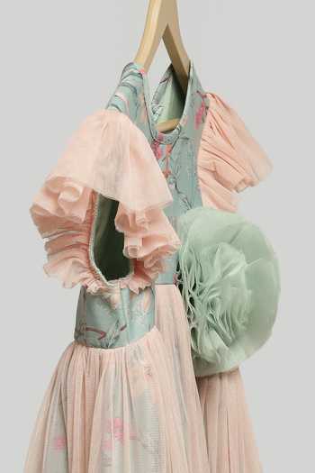 The Little Tales Green Cotton, Organza, Net, Poplin Bird Print Dress Online at Aza Fashions The Little Tales_Green Cotton, Organza, Net, Poplin Bird Print Dress _Online_at_Aza_Fashions