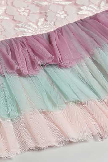 Buy The Little Tales Pink Silk, Cotton, Net Embroidered Ruffle Dress Buy_The Little Tales_Pink Silk, Cotton, Net Embroidered Ruffle Dress