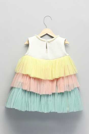 Shop The Little Tales Multi Color Net, Scuba Tiered Ruffle Layered Dress Online at Aza Fashions Shop_The Little Tales_Multi Color Net, Scuba Tiered Ruffle Layered Dress _Online_at_Aza_Fashions