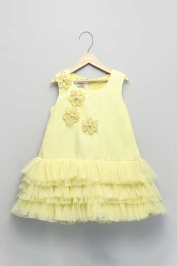 Shop The Little Tales Yellow Silk, Cotton, Organza, Net 3d Flower Applique Work Dress Online at Aza Fashions Shop_The Little Tales_Yellow Silk, Cotton, Organza, Net 3d Flower Applique Work Dress _Online_at_Aza_Fashions