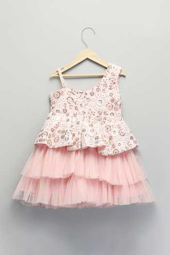 The Little Tales Pink Silk, Net Embroidered Ruffle Dress Online at Aza Fashions The Little Tales_Pink Silk, Net Embroidered Ruffle Dress _Online_at_Aza_Fashions