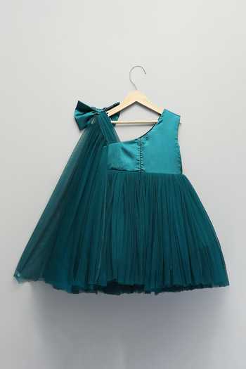 The Little Tales Green Silk, Cotton, Satin, Net One Shoulder Dress Online at Aza Fashions The Little Tales_Green Silk, Cotton, Satin, Net One Shoulder Dress _Online_at_Aza_Fashions