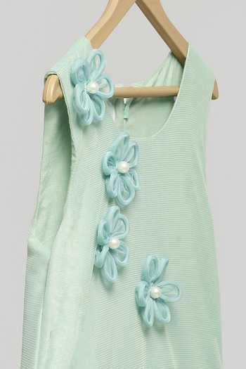 Buy The Little Tales Green Silk, Organza, Net 3d Flower Applique Work Dress Buy_The Little Tales_Green Silk, Organza, Net 3d Flower Applique Work Dress