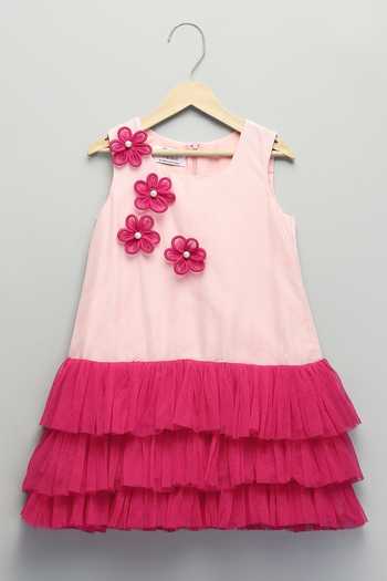 Shop The Little Tales Pink Cotton, Organza, Net 3d Floral Applique Dress Online at Aza Fashions Shop_The Little Tales_Pink Cotton, Organza, Net 3d Floral Applique Dress _Online_at_Aza_Fashions