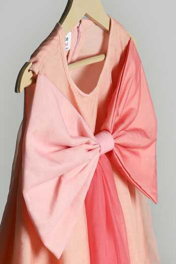 Buy The Little Tales Peach Silk, Cotton, Organza, Net Bow Embellished Dress Buy_The Little Tales_Peach Silk, Cotton, Organza, Net Bow Embellished Dress