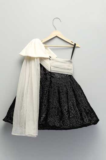 Shop The Little Tales Black Cotton, Organza Sequin Work One Shoulder Dress Online at Aza Fashions Shop_The Little Tales_Black Cotton, Organza Sequin Work One Shoulder Dress _Online_at_Aza_Fashions
