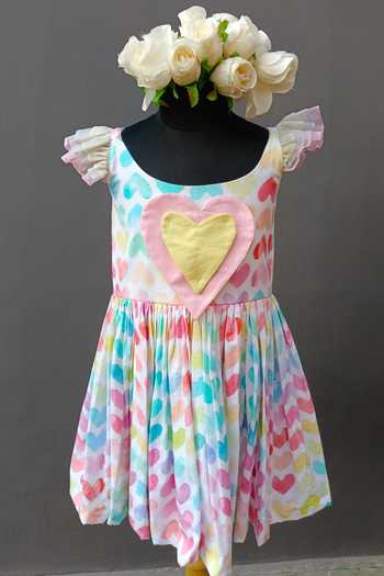 Shop The little tales Multi Color Cotton, Organza, Poplin Heart Print Dress Online at Aza Fashions Shop_The little tales_Multi Color Cotton, Organza, Poplin Heart Print Dress _Online_at_Aza_Fashions