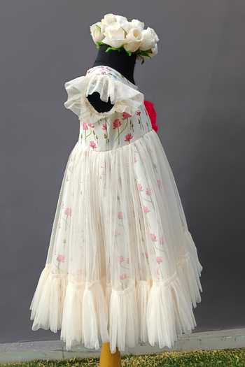 The Little Tales Ivory Cotton, Organza, Net, Poplin Lotus Print Dress Online at Aza Fashions The Little Tales_Ivory Cotton, Organza, Net, Poplin Lotus Print Dress _Online_at_Aza_Fashions