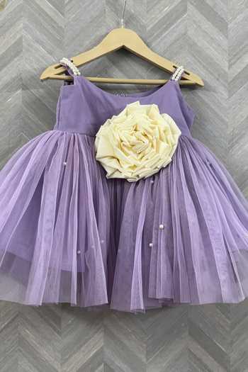 The Little Tales Purple Cotton, Net Strappy 3d Flower Embellished Dress Online at Aza Fashions The Little Tales_Purple Cotton, Net Strappy 3d Flower Embellished Dress _Online_at_Aza_Fashions
