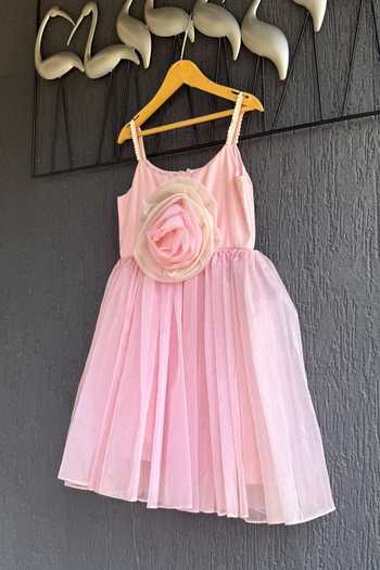 The Little Tales Pink Cotton, Net 3d Flower Embellished Dress Online at Aza Fashions The Little Tales_Pink Cotton, Net 3d Flower Embellished Dress _Online_at_Aza_Fashions