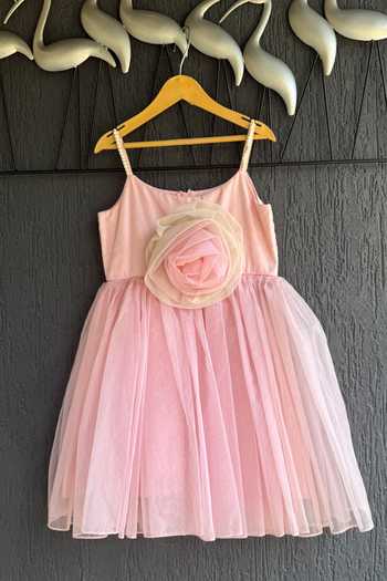 Shop The Little Tales Pink Cotton, Net 3d Flower Embellished Dress Online at Aza Fashions Shop_The Little Tales_Pink Cotton, Net 3d Flower Embellished Dress _Online_at_Aza_Fashions