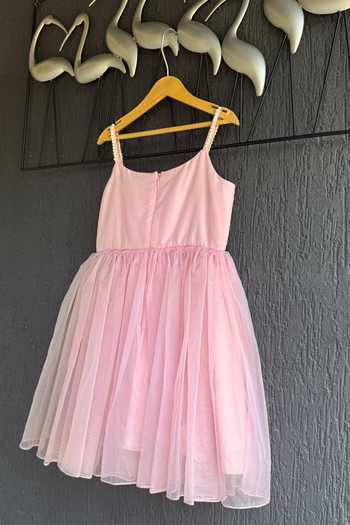 Buy The Little Tales Pink Cotton, Net 3d Flower Embellished Dress Buy_The Little Tales_Pink Cotton, Net 3d Flower Embellished Dress