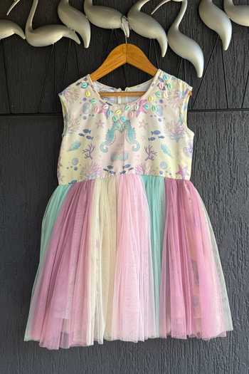The Little Tales Multi Color Silk, Cotton, Net Underwater Print Dress Online at Aza Fashions The Little Tales_Multi Color Silk, Cotton, Net Underwater Print Dress _Online_at_Aza_Fashions