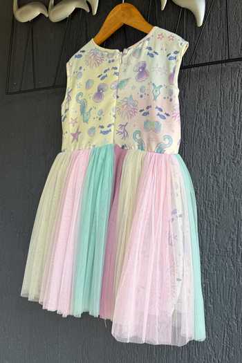 The Little Tales Multi Color Silk, Cotton, Net Underwater Print Dress at Aza Fashions The Little Tales_Multi Color Silk, Cotton, Net Underwater Print Dress _at_Aza_Fashions