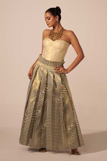 Buy Jyoti Sachdev Iyer Gold Tissue Embroidery Bandeau Neck Illusion Print Skirt With Corset Buy_Jyoti Sachdev Iyer_Gold Tissue Embroidery Bandeau Neck Illusion Print Skirt With Corset