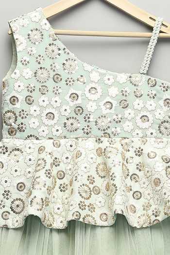 Shop The Little Tales Green Silk, Net Floral Embroidered Dress Online at Aza Fashions Shop_The Little Tales_Green Silk, Net Floral Embroidered Dress _Online_at_Aza_Fashions