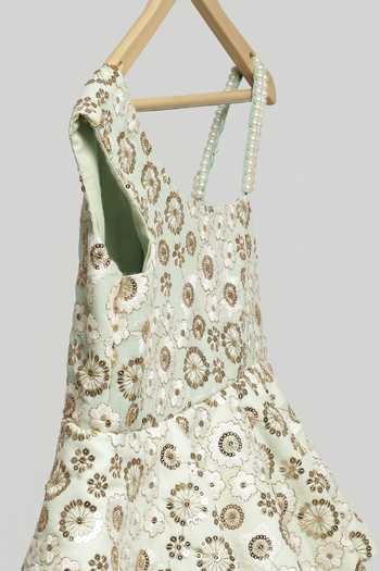The Little Tales Green Silk, Net Floral Embroidered Dress at Aza Fashions The Little Tales_Green Silk, Net Floral Embroidered Dress _at_Aza_Fashions