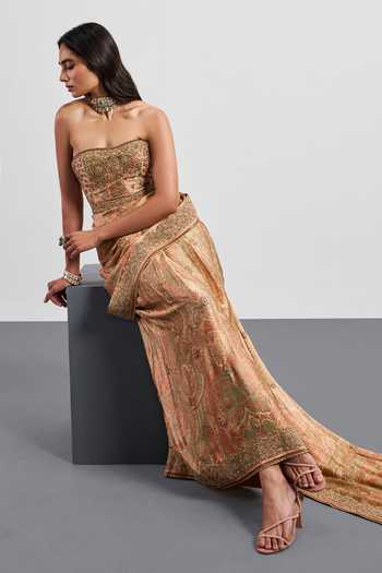 Shop_RI.Ritu Kumar_Gold Silk, Satin, Shantoon Embroidery, Sequins, Imran Embellished Draped Gown _Online_at_Aza_Fashions