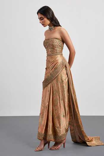 RI.Ritu Kumar_Gold Silk, Satin, Shantoon Embroidery, Sequins, Imran Embellished Draped Gown _at_Aza_Fashions