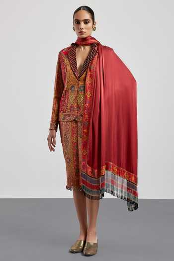 RI.Ritu Kumar Red Multi Jaisalmer Pattern Skirt Set