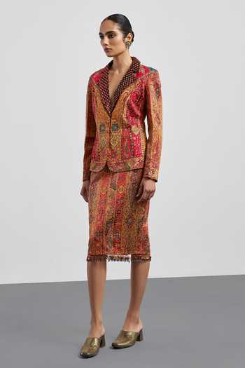 RI.Ritu Kumar_Red Silk Satin Fringe Multi Jaisalmer Pattern Skirt Set _Online_at_Aza_Fashions