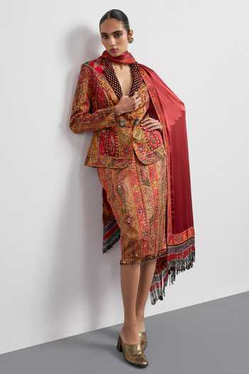 Buy_RI.Ritu Kumar_Red Silk Satin Fringe Multi Jaisalmer Pattern Skirt Set _Online_at_Aza_Fashions