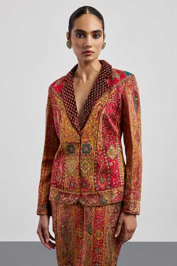 Shop_RI.Ritu Kumar_Red Silk Satin Fringe Multi Jaisalmer Pattern Skirt Set _Online_at_Aza_Fashions