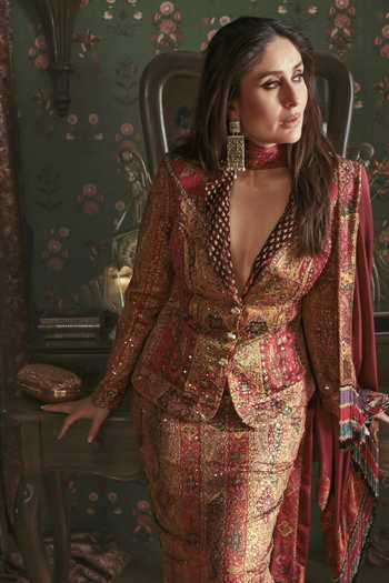 RI.Ritu Kumar_Red Silk Satin Fringe Multi Jaisalmer Pattern Skirt Set _at_Aza_Fashions