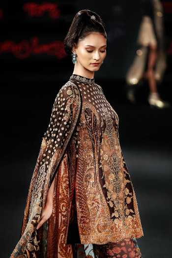 Buy RI.Ritu Kumar Black Silk High Neck Mehroz Embroidered Dress With Cape Online at Aza Fashions Buy_RI.Ritu Kumar_Black Silk High Neck Mehroz Embroidered Dress With Cape _Online_at_Aza_Fashions