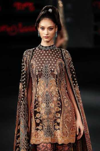 Shop RI.Ritu Kumar Black Silk High Neck Mehroz Embroidered Dress With Cape Shop_RI.Ritu Kumar_Black Silk High Neck Mehroz Embroidered Dress With Cape