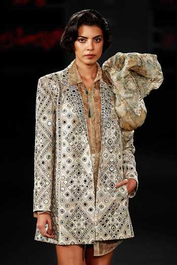 RI.Ritu Kumar White Silk Collared Neck Mirror Embroidered Jacket at Aza Fashions RI.Ritu Kumar_White Silk Collared Neck Mirror Embroidered Jacket _at_Aza_Fashions