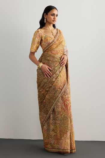 RI.Ritu Kumar Peach Organza, Dupion, Scoop Neck Embroidered Saree With Blouse Online at Aza Fashions RI.Ritu Kumar_Peach Organza, Dupion, Scoop Neck Embroidered Saree With Blouse _Online_at_Aza_Fashions
