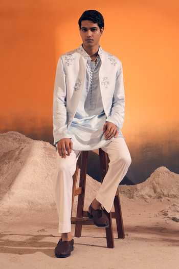 Philocaly_Off White Silk Satin Sutr Mirror Work Nehru Jacket And Kurta Set _Online_at_Aza_Fashions