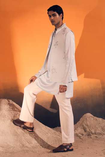 Philocaly_Off White Silk Satin Sutr Mirror Work Nehru Jacket And Kurta Set _at_Aza_Fashions