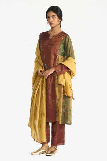Payal Pratap Multi Color Chanderi, Tissue Split V-neck Bakula Floral Pattern Flared Kurta Set Online at Aza Fashions Payal Pratap_Multi Color Chanderi, Tissue Split V-neck Bakula Floral Pattern Flared Kurta Set _Online_at_Aza_Fashions