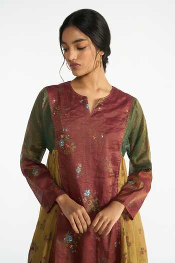 Shop Payal Pratap Multi Color Chanderi, Tissue Split V-neck Bakula Floral Pattern Flared Kurta Set Online at Aza Fashions Shop_Payal Pratap_Multi Color Chanderi, Tissue Split V-neck Bakula Floral Pattern Flared Kurta Set _Online_at_Aza_Fashions