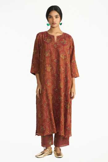 Buy Payal Pratap Wine Chanderi, Tissue Split V-neck Parijat Floral Print Kurta Set Online at Aza Fashions Buy_Payal Pratap_Wine Chanderi, Tissue Split V-neck Parijat Floral Print Kurta Set _Online_at_Aza_Fashions