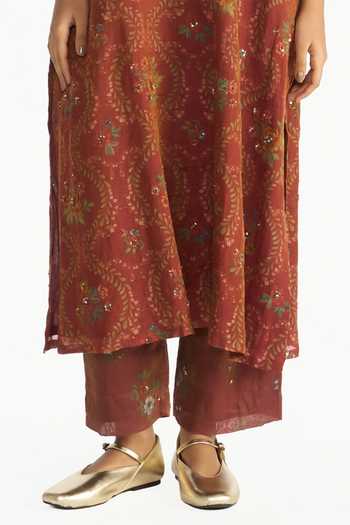 Shop Payal Pratap Wine Chanderi, Tissue Split V-neck Parijat Floral Print Kurta Set Online at Aza Fashions Shop_Payal Pratap_Wine Chanderi, Tissue Split V-neck Parijat Floral Print Kurta Set _Online_at_Aza_Fashions