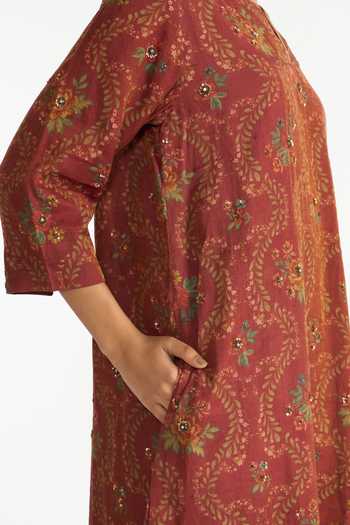Buy Payal Pratap Wine Chanderi, Tissue Split V-neck Parijat Floral Print Kurta Set Buy_Payal Pratap_Wine Chanderi, Tissue Split V-neck Parijat Floral Print Kurta Set