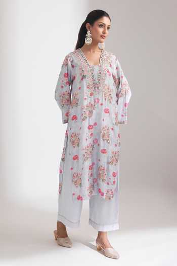 Shop Tanu Malhotra Sky Blue Silk, Cotton, Georgette, Net Embroidery Floral Garden Print Kurta Set Online at Aza Fashions Shop_Tanu Malhotra_Sky Blue Silk, Cotton, Georgette, Net Embroidery Floral Garden Print Kurta Set _Online_at_Aza_Fashions