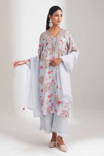 Buy Tanu Malhotra Sky Blue Silk, Cotton, Georgette, Net Embroidery Floral Garden Print Kurta Set Buy_Tanu Malhotra_Sky Blue Silk, Cotton, Georgette, Net Embroidery Floral Garden Print Kurta Set