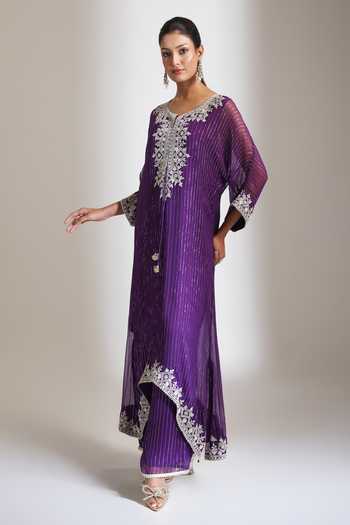 Shop_Tanu Malhotra_Purple Lurex, Shantoon Embroidery, Tassels Round Neck Kaftan Set _Online_at_Aza_Fashions