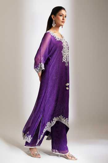 Tanu Malhotra_Purple Lurex, Shantoon Embroidery, Tassels Round Neck Kaftan Set _at_Aza_Fashions