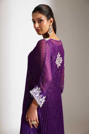 Buy_Tanu Malhotra_Purple Lurex, Shantoon Embroidery, Tassels Round Neck Kaftan Set 