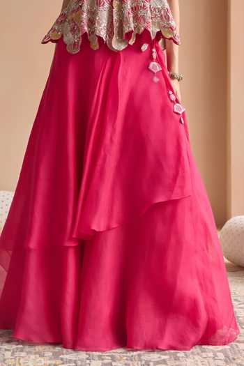 Osaa By Adarsh_Pink Organza Sweetheart Neck Embroidered Peplum Top And Skirt Set _Online_at_Aza_Fashions