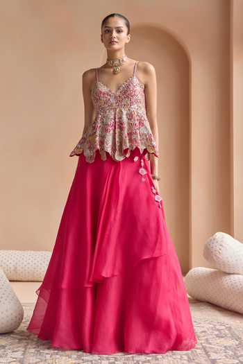 Buy_Osaa By Adarsh_Pink Organza Sweetheart Neck Embroidered Peplum Top And Skirt Set _Online_at_Aza_Fashions