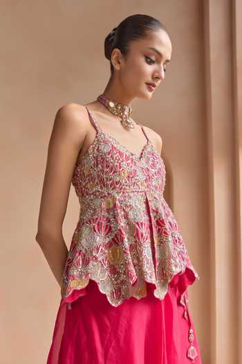 Shop_Osaa By Adarsh_Pink Organza Sweetheart Neck Embroidered Peplum Top And Skirt Set _Online_at_Aza_Fashions